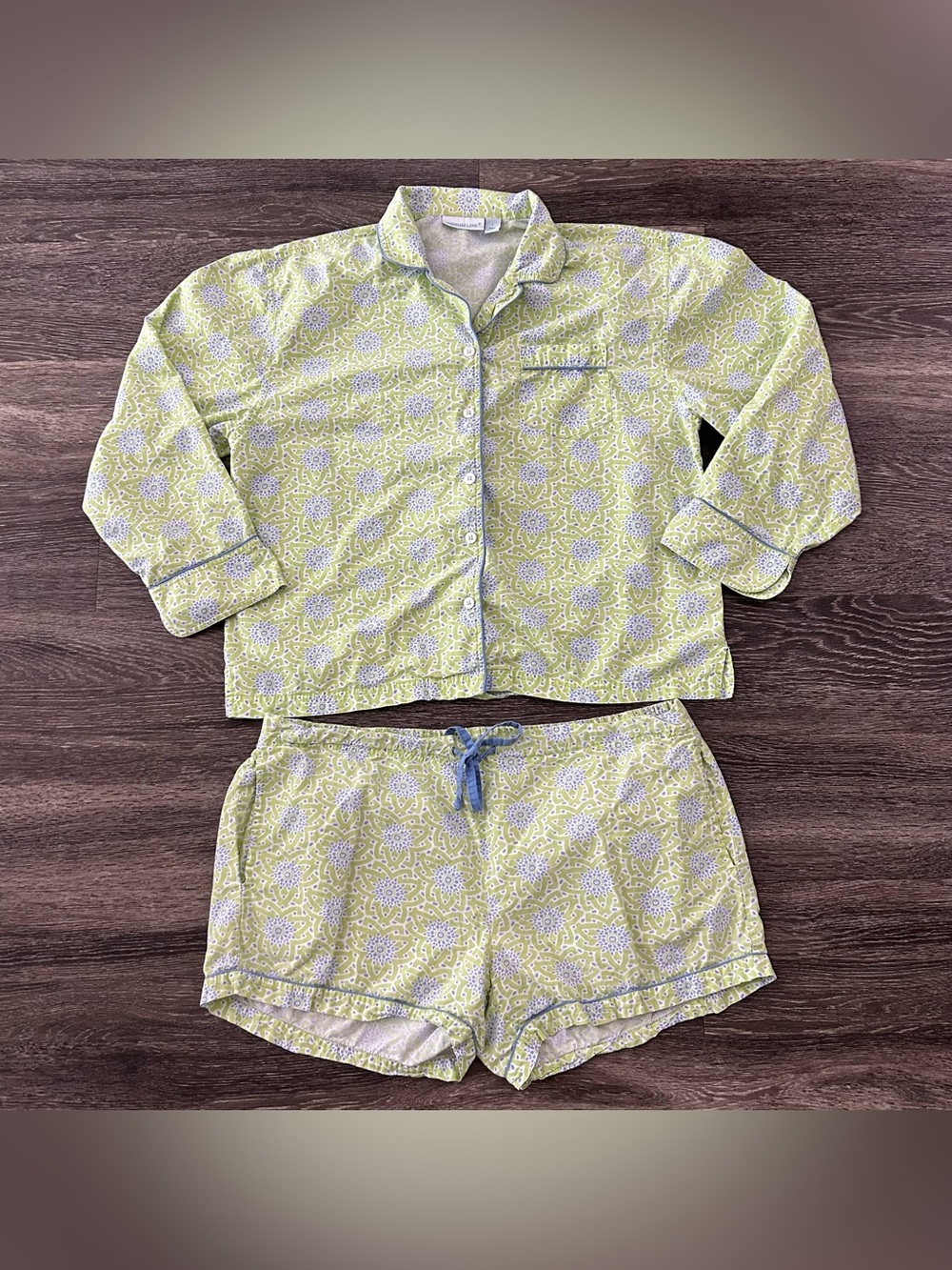 Needham Lane 100% Cotton Pajama Set Women’s L Shorts & Shirt Green Blue Print - Picture 2 of 11